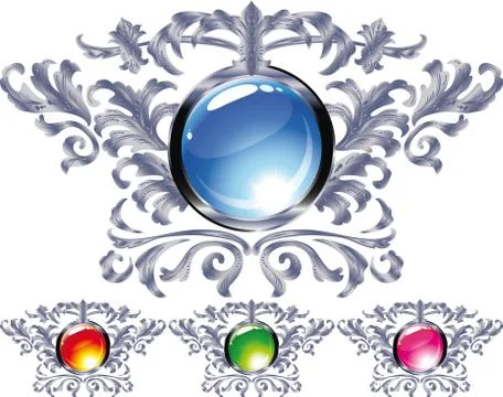 Round buttons on the frame of silver heraldic branches  isolated on a white b Stock Illustration