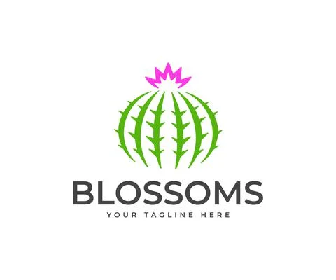 Round cactus with flower logo design. Green cactus with sharp thorns vector Stock Illustration