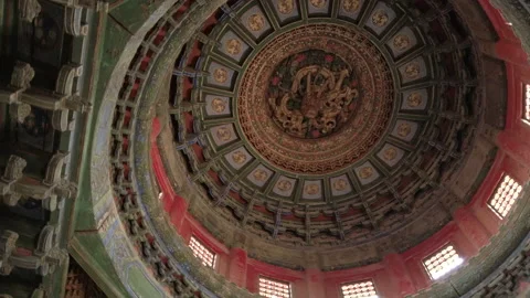 Round caisson ceiling with dragon carving in Forbidden City, Beijing, China Stock Footage 132088735