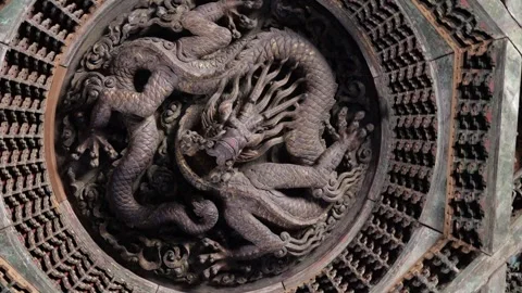 Round caisson ceiling with dragon carving in Temple of Agriculture,Beijing,China Stock Footage 308227930