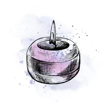Round candle with flame. Hand drawn illustration, graphic with lilac watercolor 스톡 일러스트