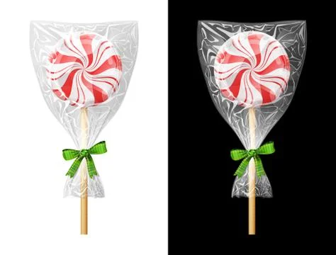 Round candy on stick in plastic wrapper with bow Stock Illustration