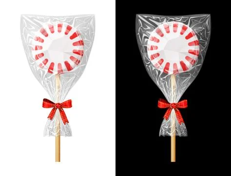 Round candy on stick in plastic wrapper with bow Stock Illustration