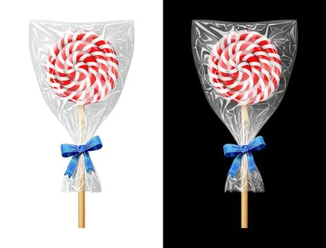 Round candy on stick in plastic wrapper with bow Stock Illustration