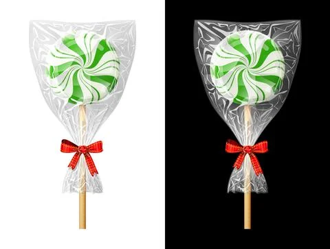 Round candy on stick in plastic wrapper with bow Stock Illustration