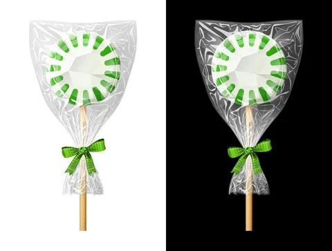 Round candy on stick in plastic wrapper with bow Stock Illustration