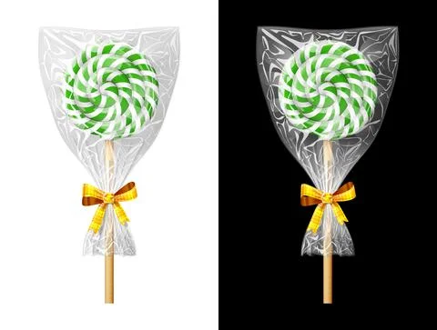 Round candy on stick in plastic wrapper with bow Stock Illustration