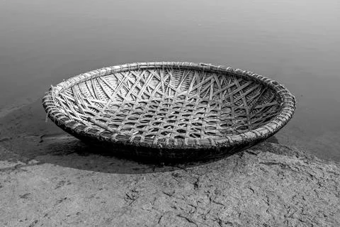 The round cane boat called Coracle source of transportation since 15th century Stock Photos