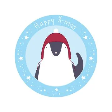 Round card with a cute penguin in a hat Stock Illustration