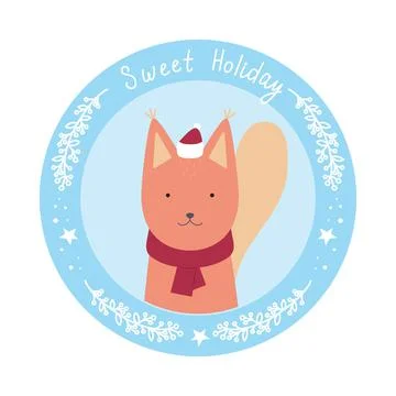 Round card with a cute squirrel in a hat and a scarf Stock Illustration