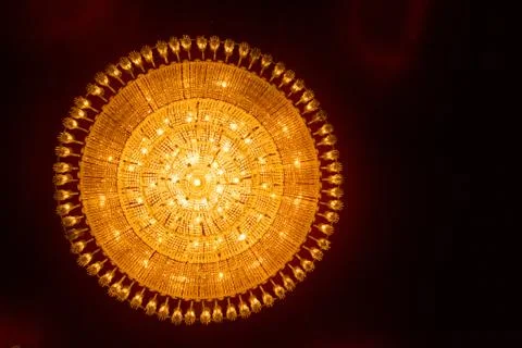 Round ceiling chandelier light at durga puja pandal worship Stock Photos