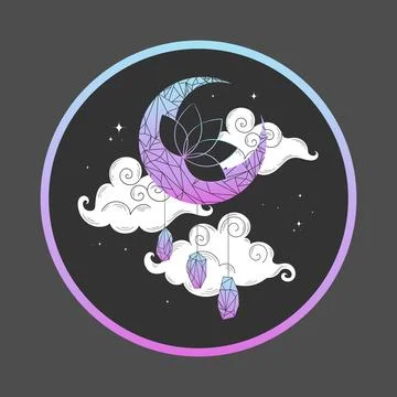 Round celestial emblem with crystal crescent moon in dark sky with clouds Ilustração Stock