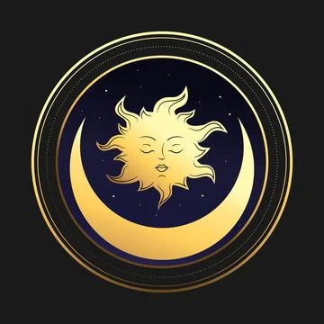 Round celestial emblem with golden sun and crescent. Vector illustration 스톡 일러스트