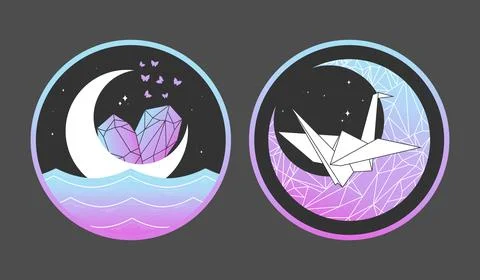 Round celestial emblems. Crescent moon decorated with crystals. Paper crane Ilustração Stock
