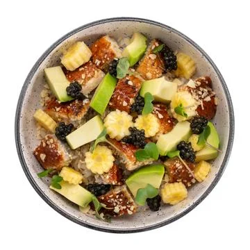 Round ceramic bowl with rice, eel, avocado, baby corn, and microgreens poke Fotos de archivo