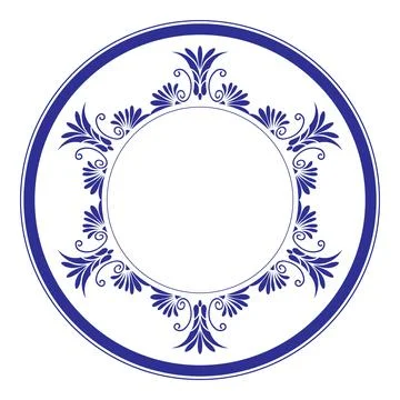  Round ceramic plate in classic blue and white design.Traditional Greek, Rome Stock Illustration