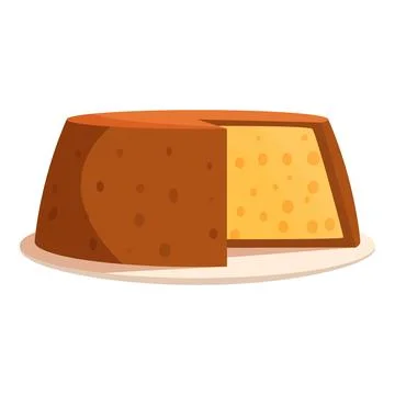 Round cheese wheel with a slice cut out, resting on a plate, showing the texture Ilustración de archivo