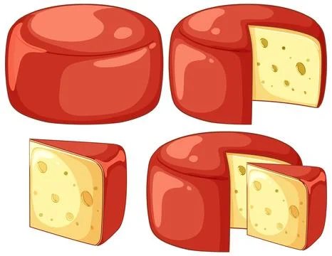 Round Cheese Wheels with Red Wax Coating and Slices Stock Illustration