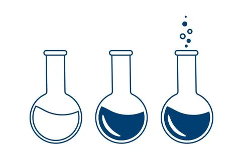 A round chemical flask with a solution. Laboratory glassware for analysis, re Stock Illustration