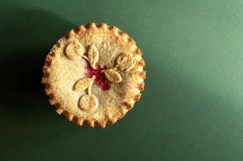 Round cherry pie. Top View with copy space. Stock Photos