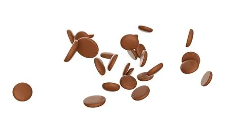 Round Chocolate Chips Falling on white isolated floor 3d illustration Stock Illustration