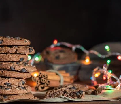 Round chocolate cookies in a stack Stock Photos