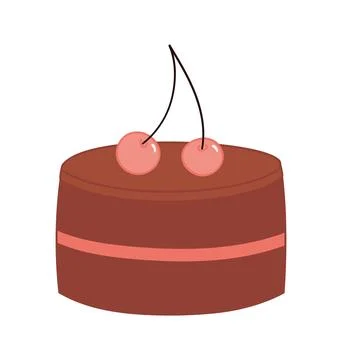 Round chocolate pastry, cake with cherry illustration isolated. Stock Illustration