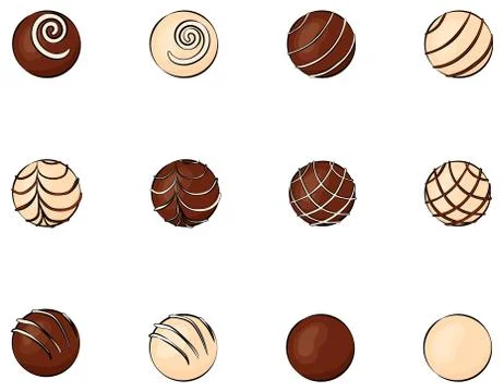 Round chocolates with different decor  isolated on white Stock Illustration