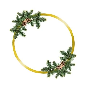 Round Christmas composition. Empty Christmas festive golden frame with fir br Stock Illustration