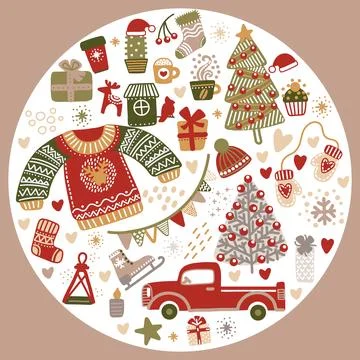 Round Christmas cozy elements vector isolated set 库存插图