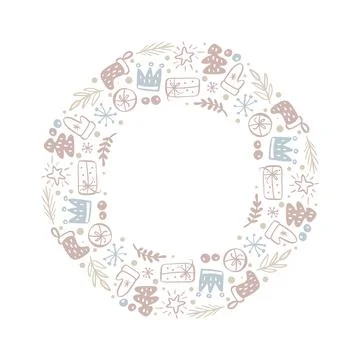 Round Christmas frame with doodle elements and place for text. Vector holiday Stock Illustration