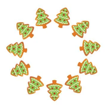 Round Christmas frame made of gingerbread Christmas Tree. trendy flat style. Illustrazione stock