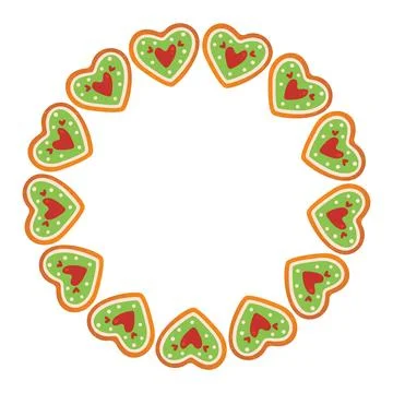 Round Christmas frame made of gingerbread heart shape. trendy flat style. Illustrazione stock