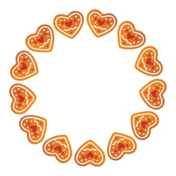 Round Christmas frame made of gingerbread heart shape. trendy flat style. Illustrazione stock