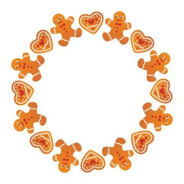 Round Christmas frame made of gingerbread cookies. trendy flat style. Illustrazione stock