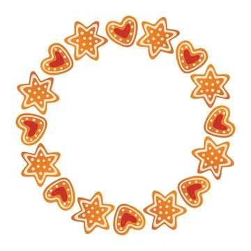 Round Christmas frame made of gingerbread cookies. trendy flat style. Illustrazione stock
