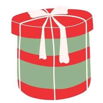 Round Christmas Gift Box with Red Green Stripes and White Bow Stock Illustration