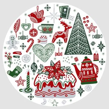 Round Christmas illustration vector isolated set Stock Illustration