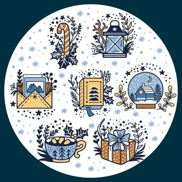 Round Christmas illustration vector isolated set in trendy colors Stock Illustration