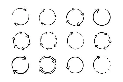 Round circle doodle arrows. Hand drawn arrow icons set. Recycle sketch signs Stock Illustration