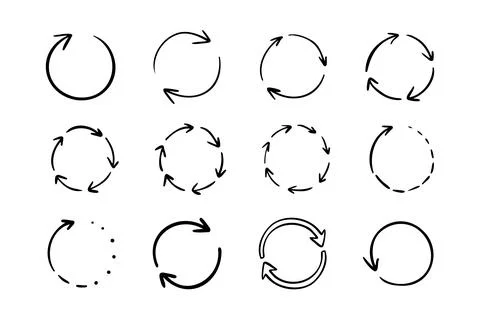 Round circle doodle arrows. Hand drawn arrow icons set. Recycle sketch signs Stock Illustration