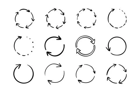 Round circle doodle arrows. Hand drawn arrow icons set. Recycle sketch signs Stock Illustration