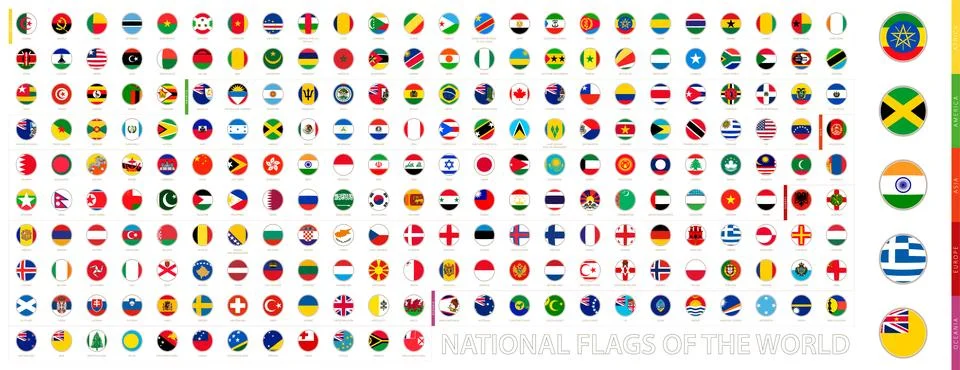 Round Circle Flag of the World Sorted Alphabetically by Continent. Stock Illustration