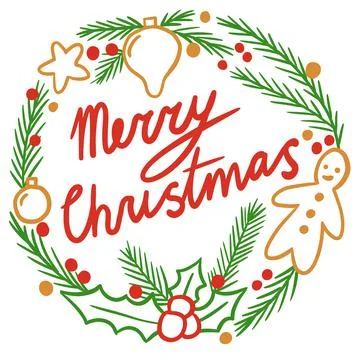 Round circle hand drawn illustration with happy holidays greeting in merry Stock Illustration