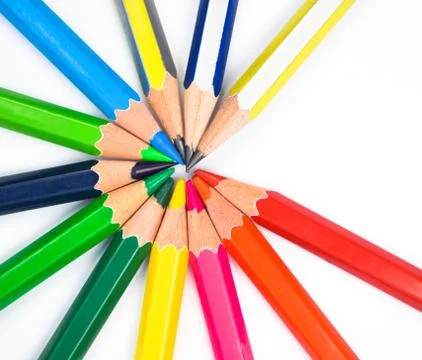 A round circle made with many different colored wood pencil crayons on a pape Stock Photos