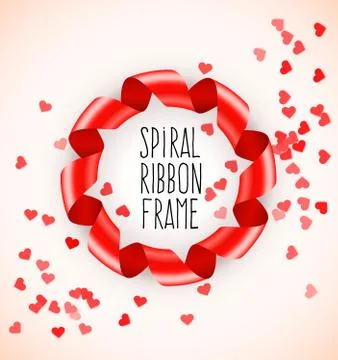 Round circle symbol frame of red spiral ribbon with hearts confetti Stock Illustration