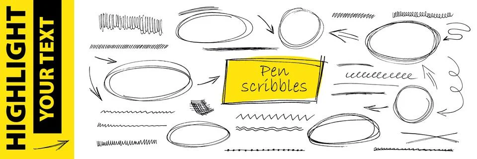 Round circle underline group created with hand drawn black pen forming doodle Stock Illustration