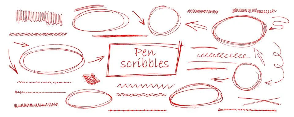 Round circle underline group created with hand drawn red pen forming doodle Stock Illustration