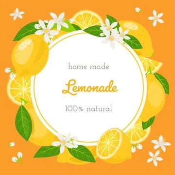 Round citrus frame. Sour refreshing lemon fruit, homemade lemonade circle イラスト素材