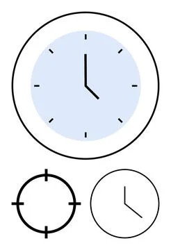 Round clock designs with minimalist dials and hands, two with different marke Stock Illustration